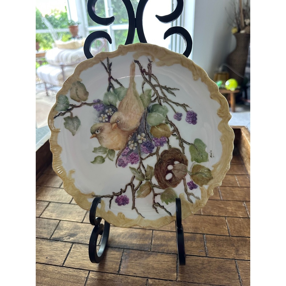Maris Signed Hand Painted Bird Nest Porcelain Decorative Plate Scalloped Rim EUC